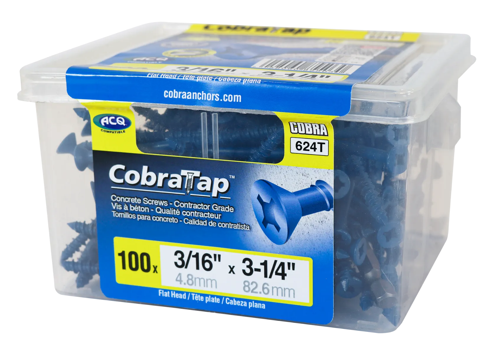 3/16"x3-1/4" Flat Head CobraTap Concrete Screws (100/Box)