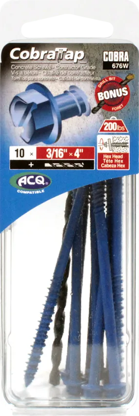 3/16"x4" Hex Head CobraTap Concrete Screws (10 Pack)