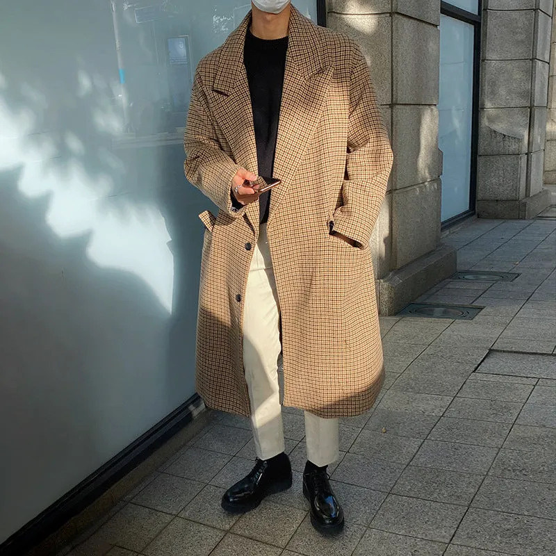 Advbridge masculine men Myq Japanese Plaid Woolen Coat Men's Mid-Length Korean Style Trendy Autumn and Winter Windbreaker Loose Casual Coat