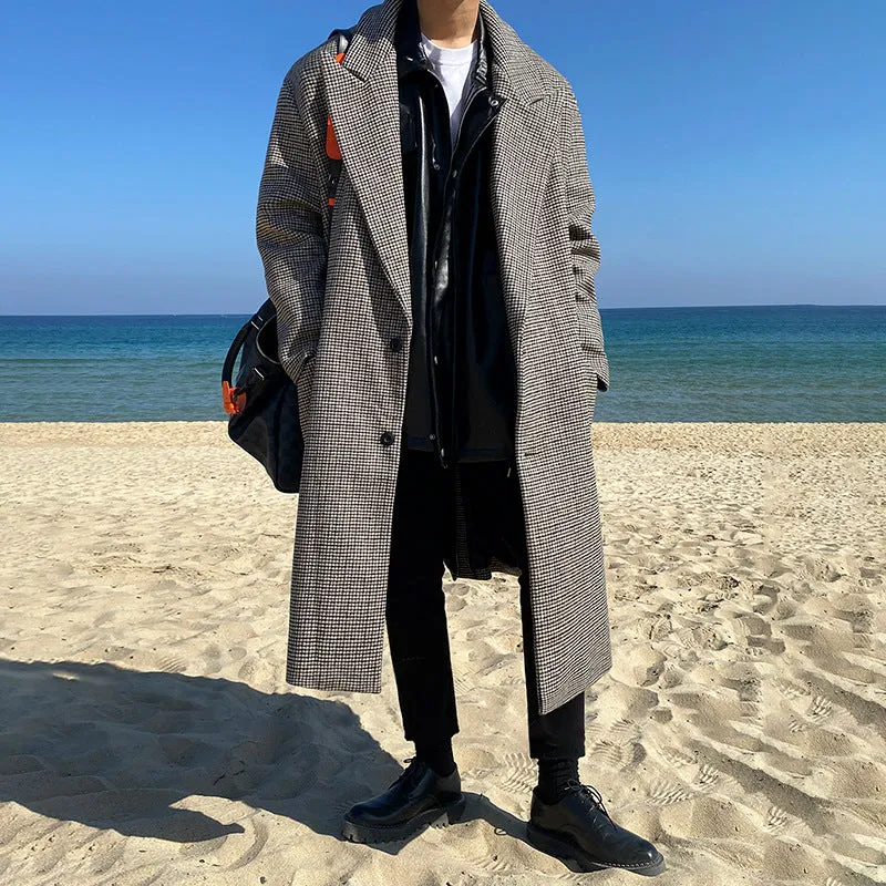 Advbridge masculine men Myq Japanese Plaid Woolen Coat Men's Mid-Length Korean Style Trendy Autumn and Winter Windbreaker Loose Casual Coat
