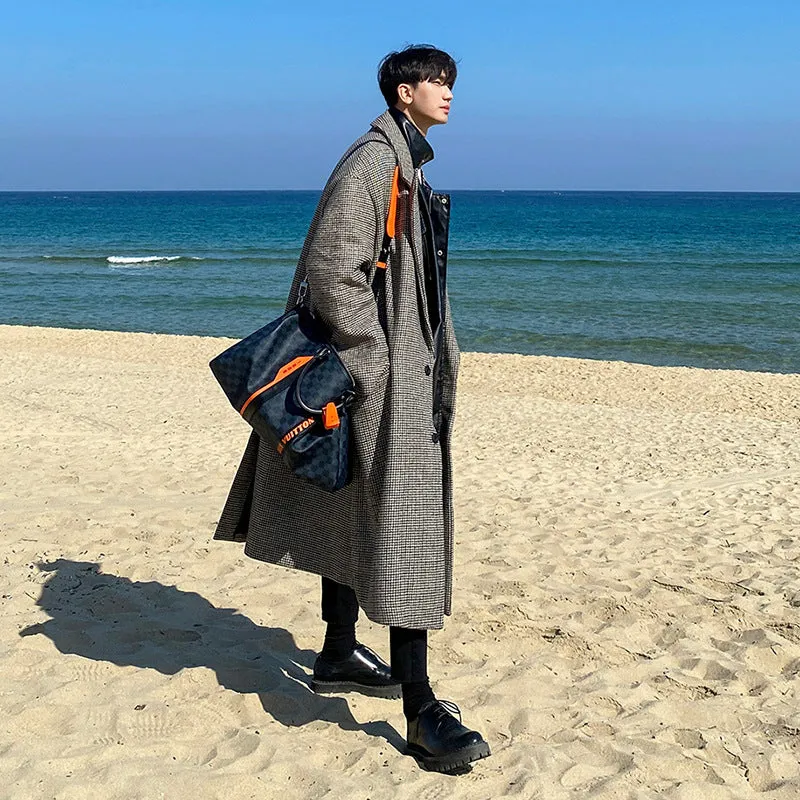 Advbridge masculine men Myq Japanese Plaid Woolen Coat Men's Mid-Length Korean Style Trendy Autumn and Winter Windbreaker Loose Casual Coat