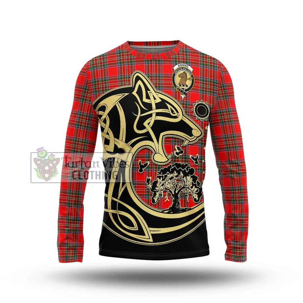 Binning Tartan Long Sleeve T-Shirt with Family Crest Celtic Wolf Style