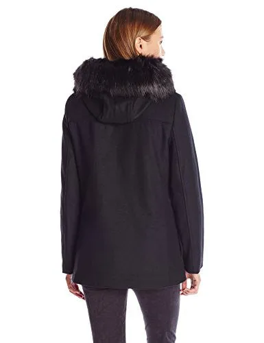 Calvin Klein Women's Wool Coat with Pu Trim, Black, M