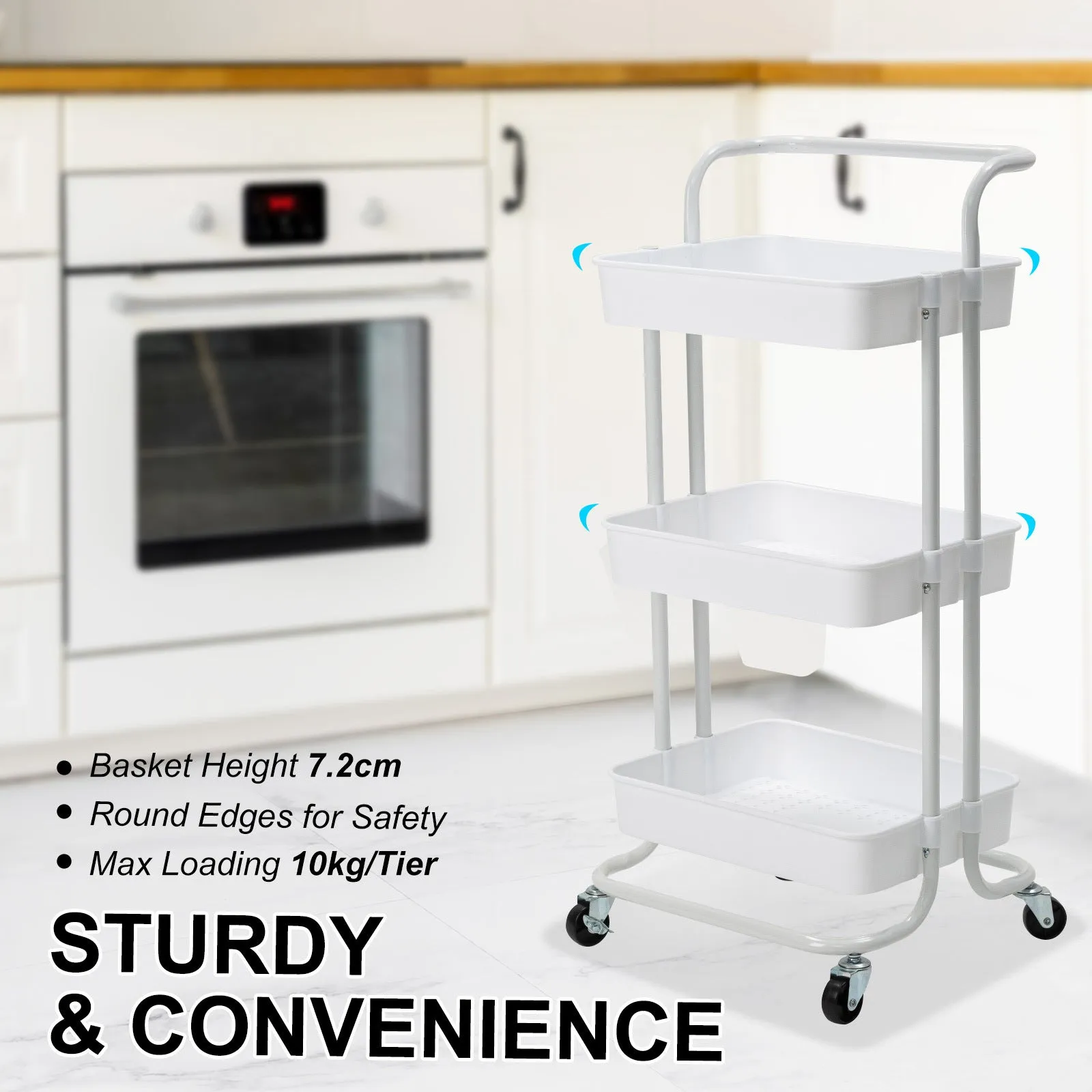 Durable 3-Tier Steel Utility Cart with Wheels, White - Kandoka