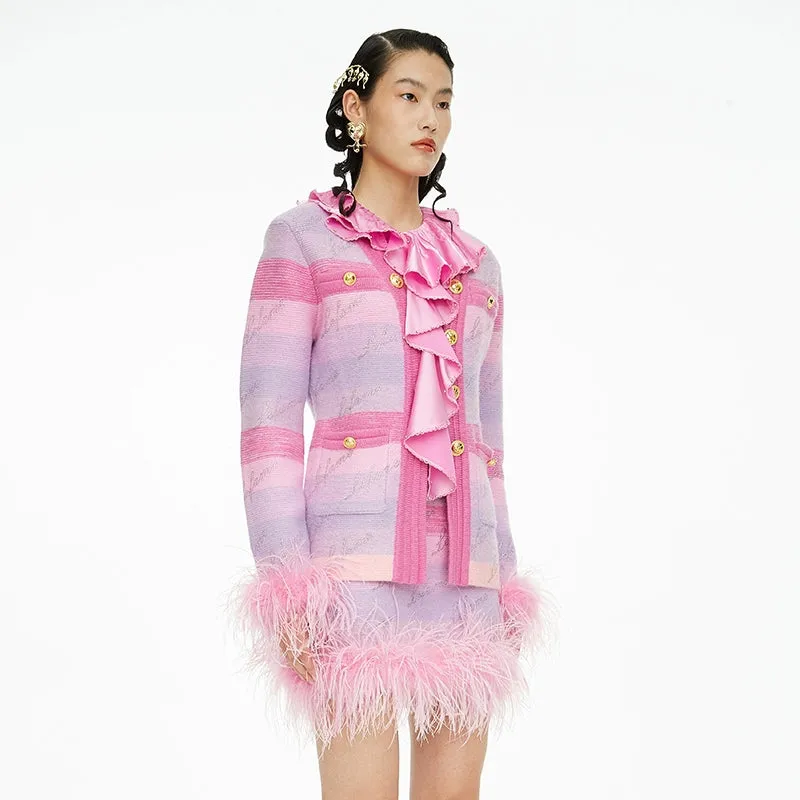 FAME luxury Winter pastel gradient striped diamond embellished-knit cardigan - Fimmia