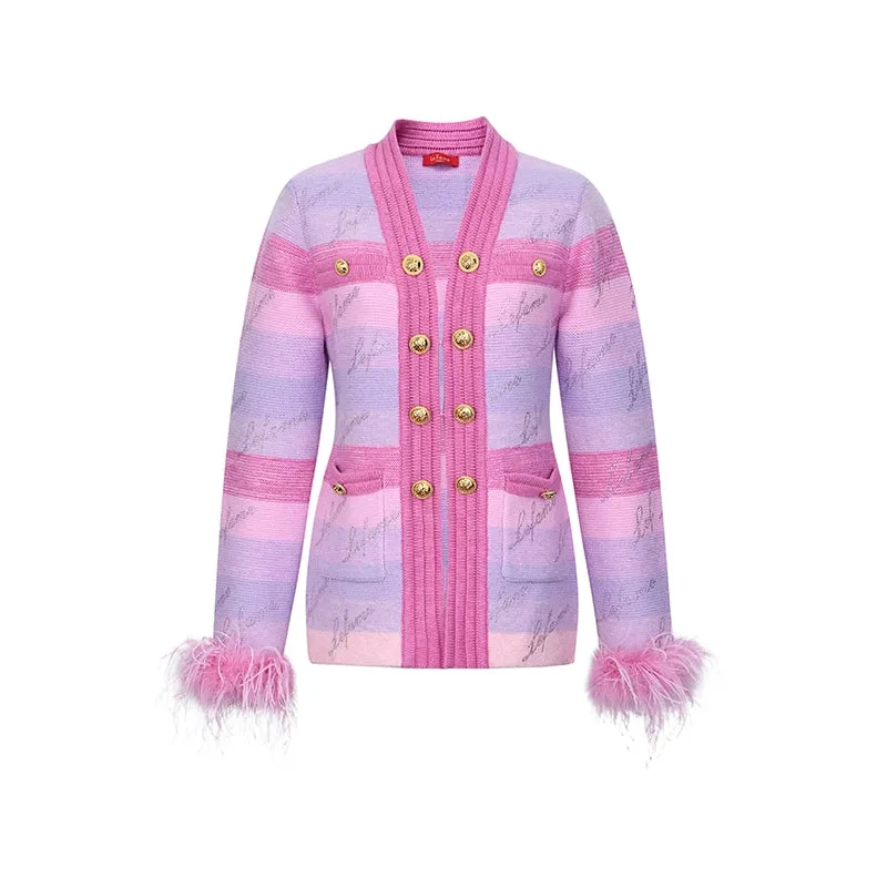 FAME luxury Winter pastel gradient striped diamond embellished-knit cardigan - Fimmia