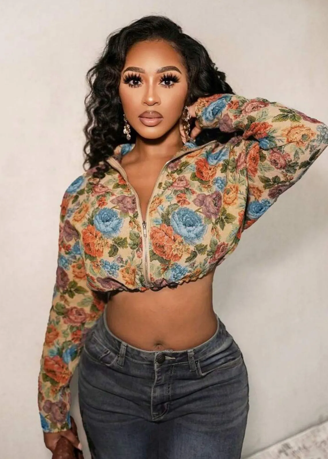 Floral Jacquard Drawstring Cropped Jacket