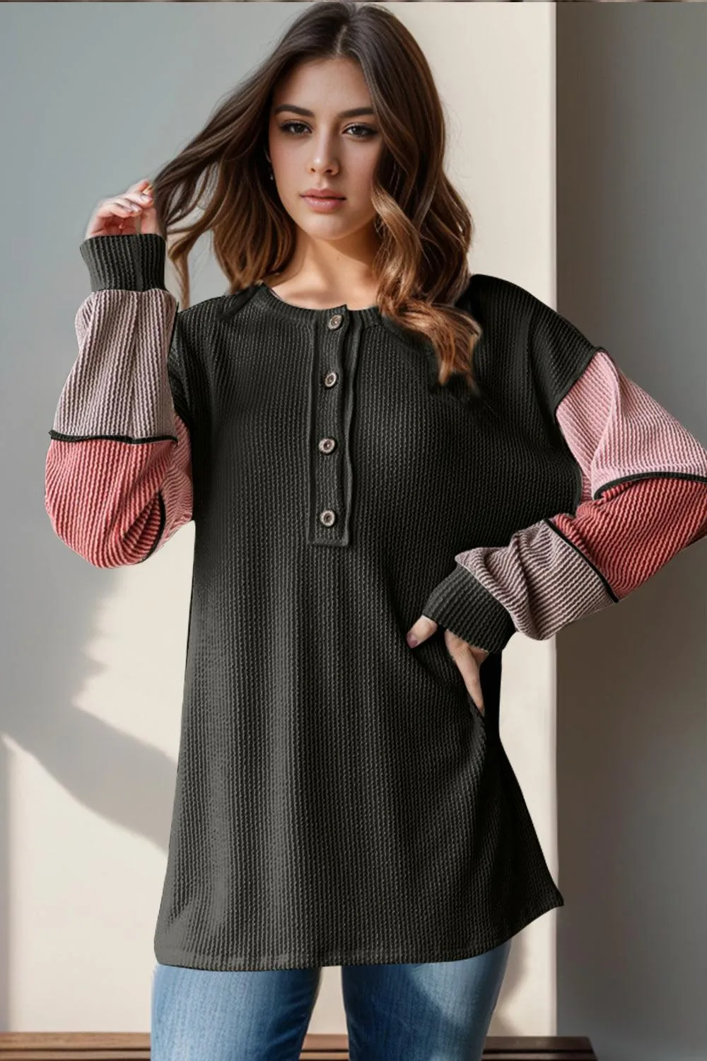 Full Size Color Block Round Neck Long Sleeve T-Shirt