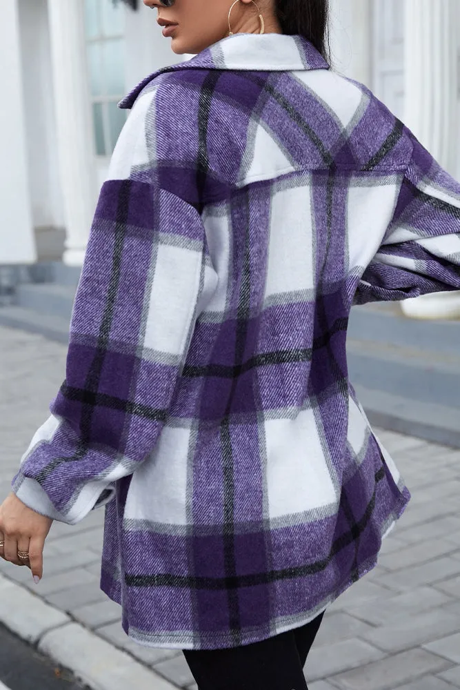 Geometric Plaid Pocketed Buttons Winter Outfits Jackets
