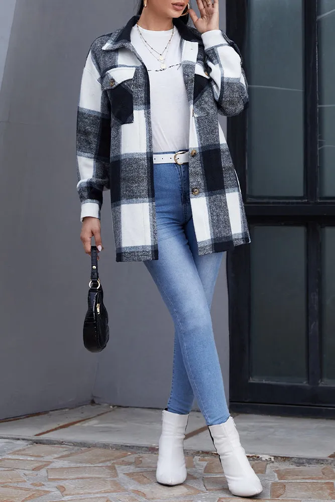 Geometric Plaid Pocketed Buttons Winter Outfits Jackets