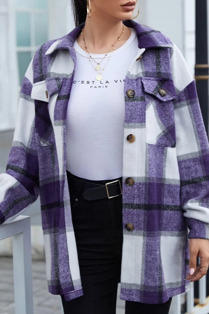 Geometric Plaid Pocketed Buttons Winter Outfits Jackets