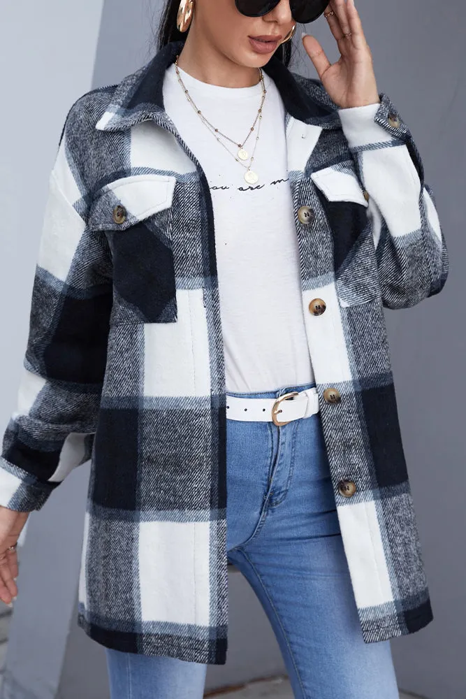 Geometric Plaid Pocketed Buttons Winter Outfits Jackets