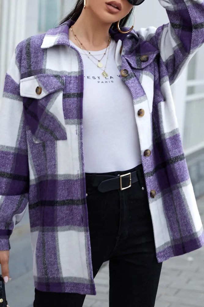 Geometric Plaid Pocketed Buttons Winter Outfits Jackets