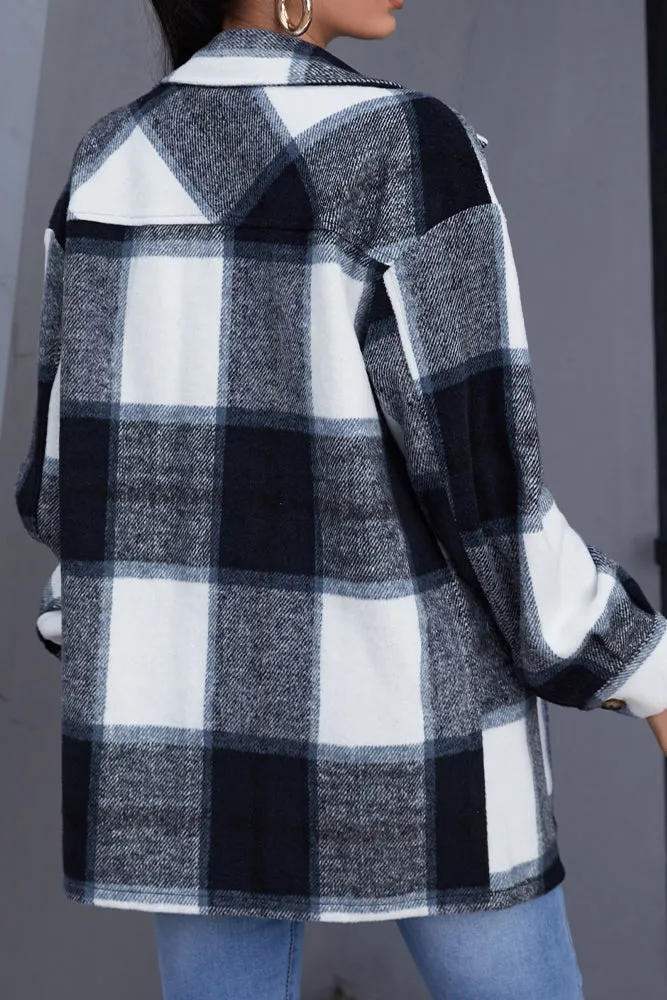 Geometric Plaid Pocketed Buttons Winter Outfits Jackets