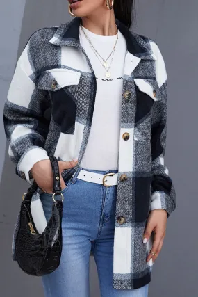 Geometric Plaid Pocketed Buttons Winter Outfits Jackets