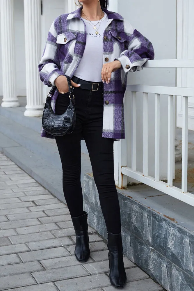 Geometric Plaid Pocketed Buttons Winter Outfits Jackets