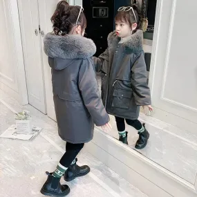 Girls' Fleece Lined Padded Warm Keeping Hooded Cotton-padded Coat