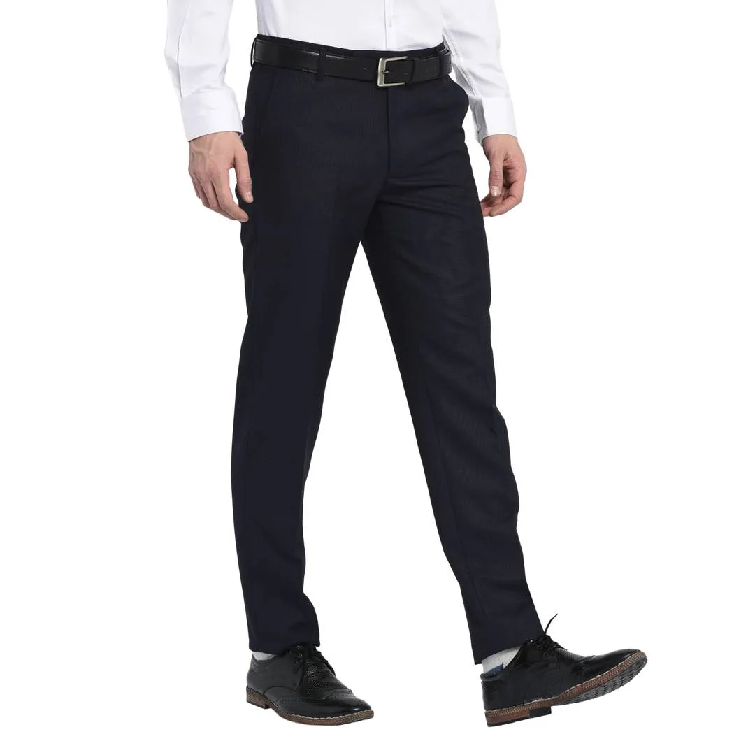 Men's Navy Blue Polyester Blend Solid Mid-Rise Formal Trouser