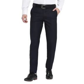 Men's Navy Blue Polyester Blend Solid Mid-Rise Formal Trouser