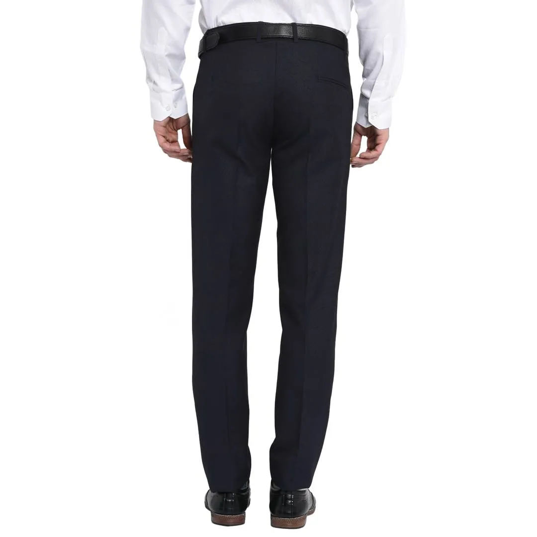 Men's Navy Blue Polyester Blend Solid Mid-Rise Formal Trouser