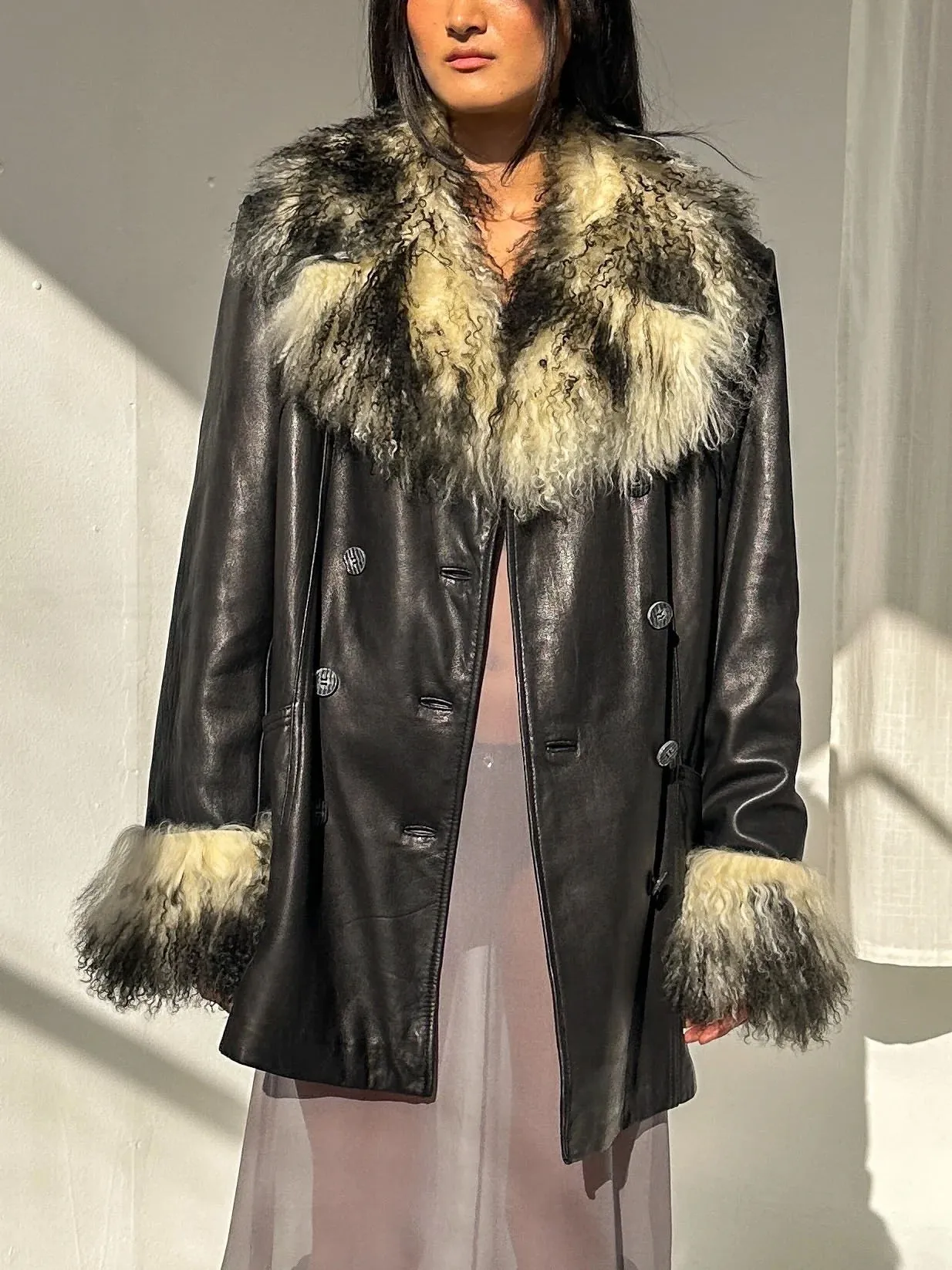 Mongolian Fur Trim Leather Coat (M)