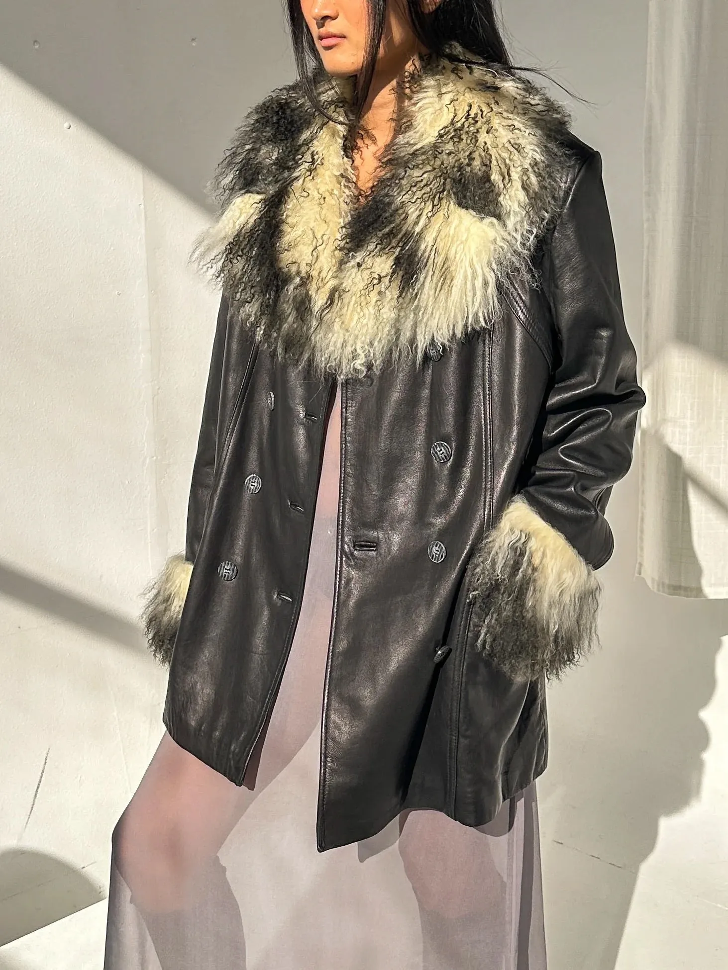 Mongolian Fur Trim Leather Coat (M)