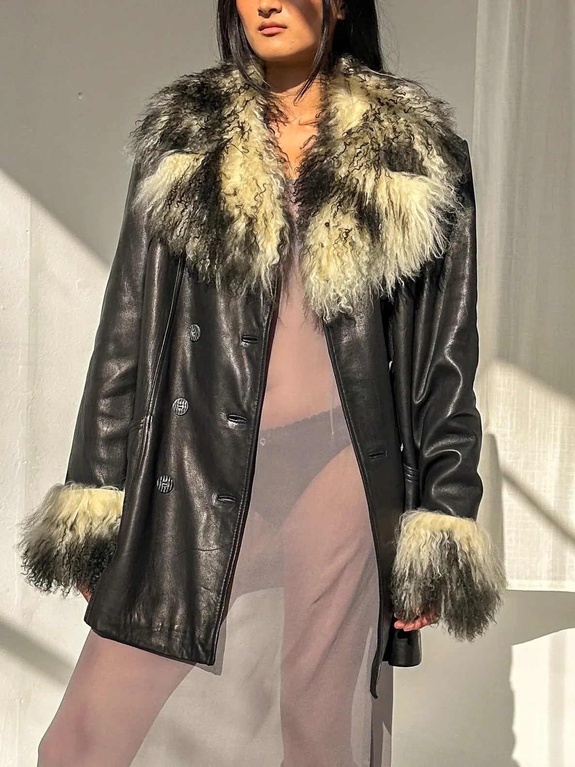 Mongolian Fur Trim Leather Coat (M)
