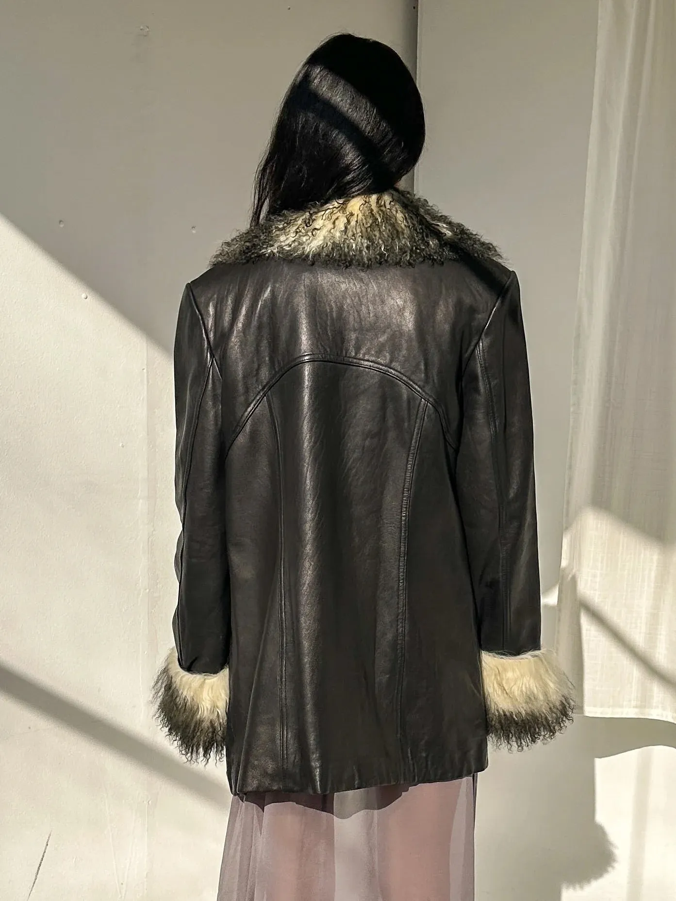 Mongolian Fur Trim Leather Coat (M)