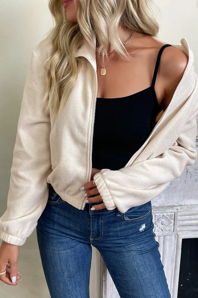 Off White Open Zipper Short Length Fleece Coat