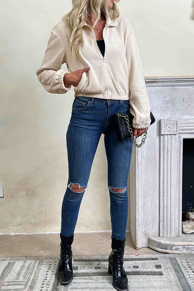 Off White Open Zipper Short Length Fleece Coat