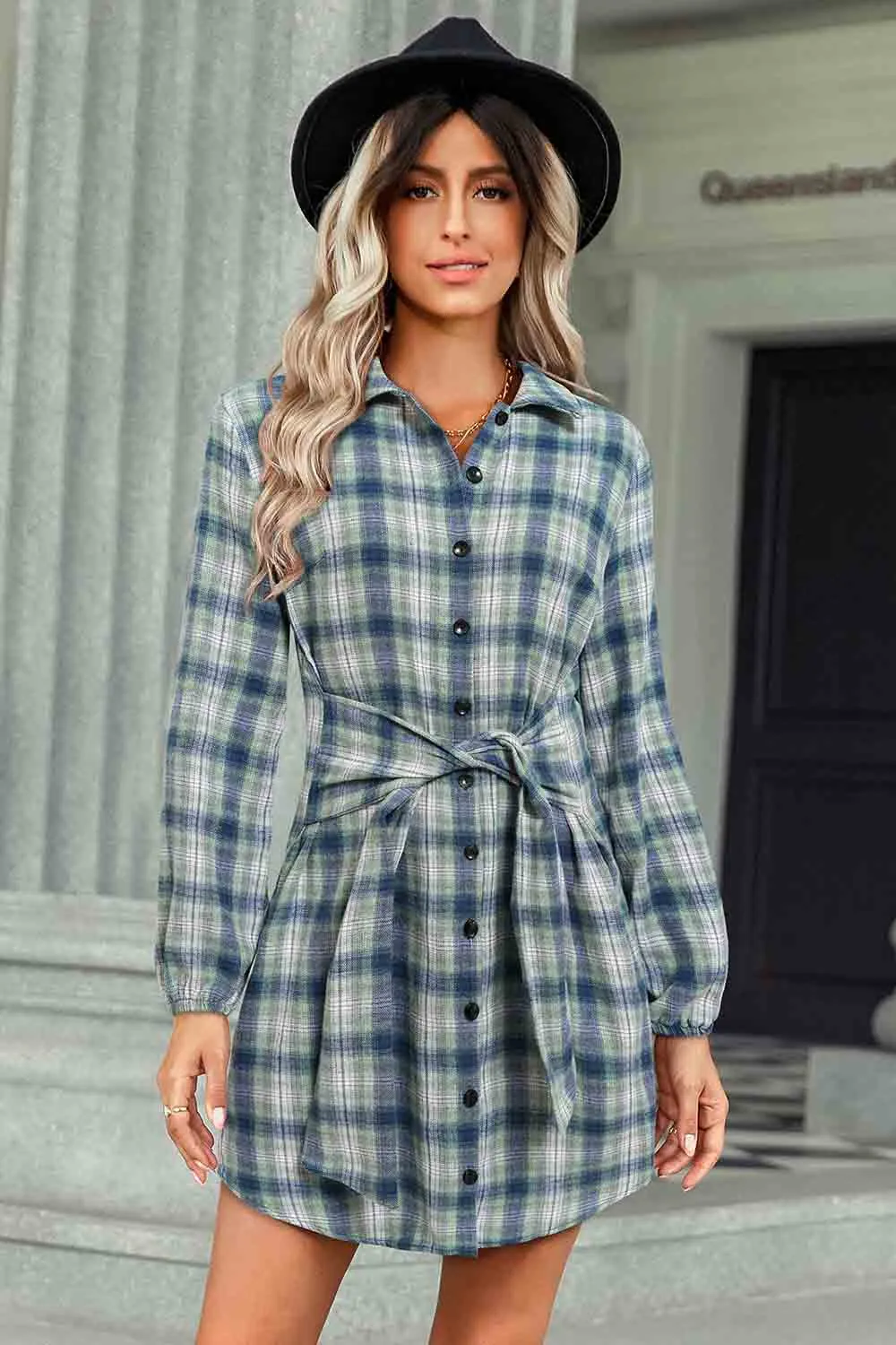 Plaid Open Button Front Tie Shirt Dress