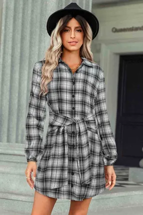 Plaid Open Button Front Tie Shirt Dress