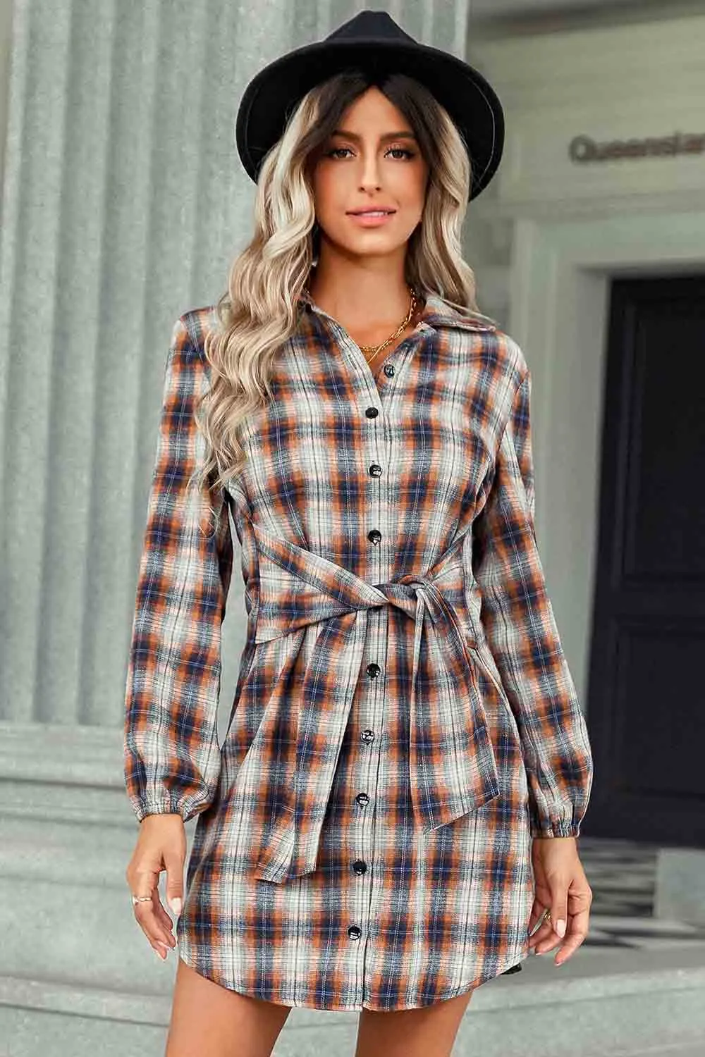 Plaid Open Button Front Tie Shirt Dress