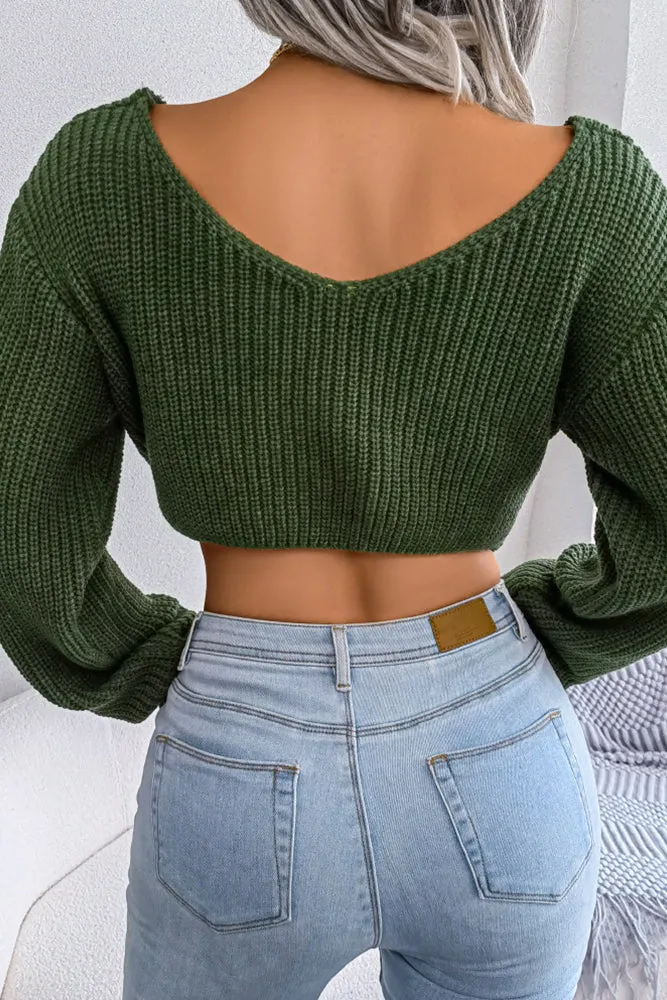 Plain V Neck Twisted Sweater Crop Top