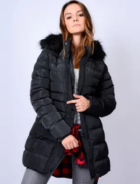 Tynice Long Quilted Coat with Detachable Fur Trim in Black - Tokyo Laundry