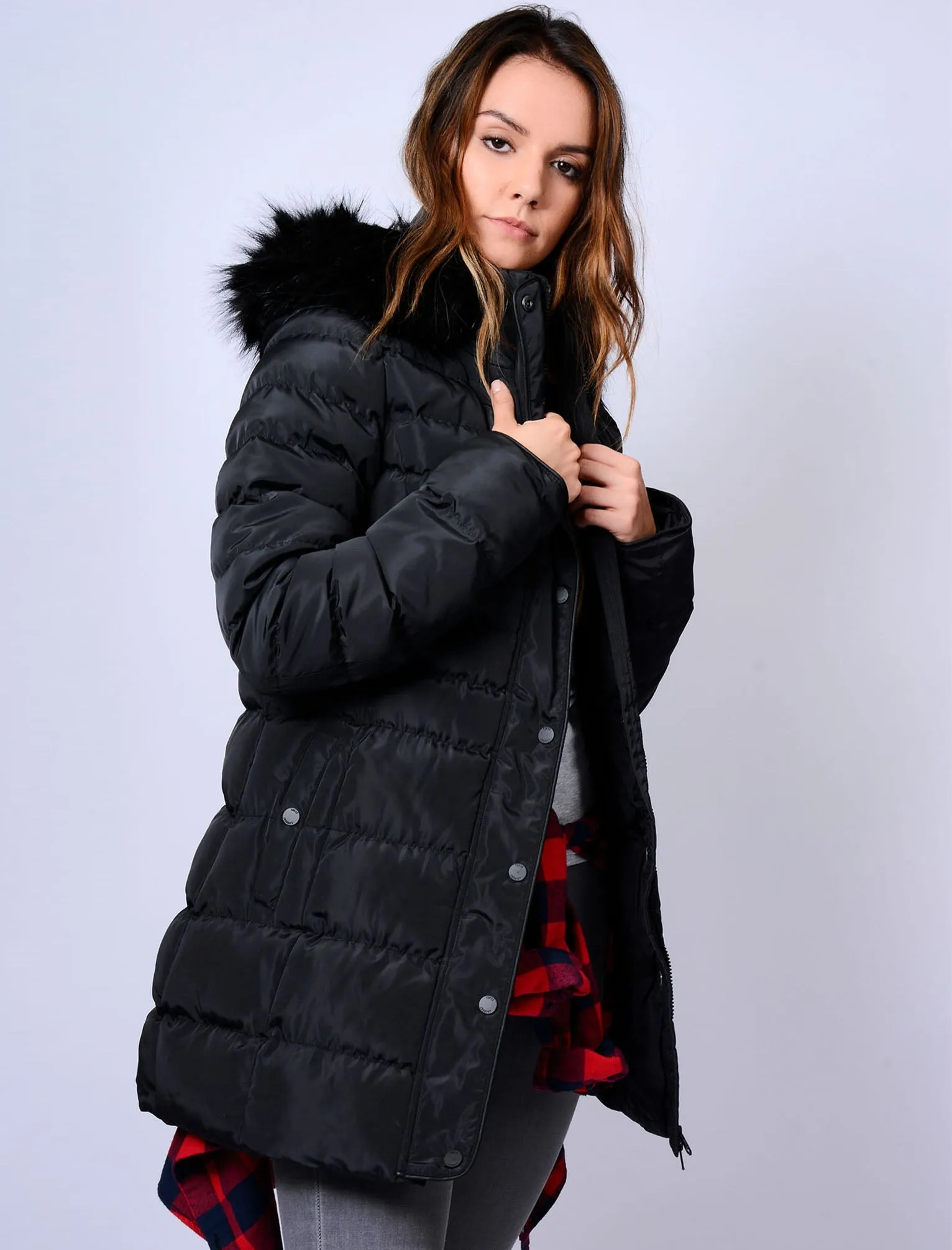Tynice Long Quilted Coat with Detachable Fur Trim in Black - Tokyo Laundry