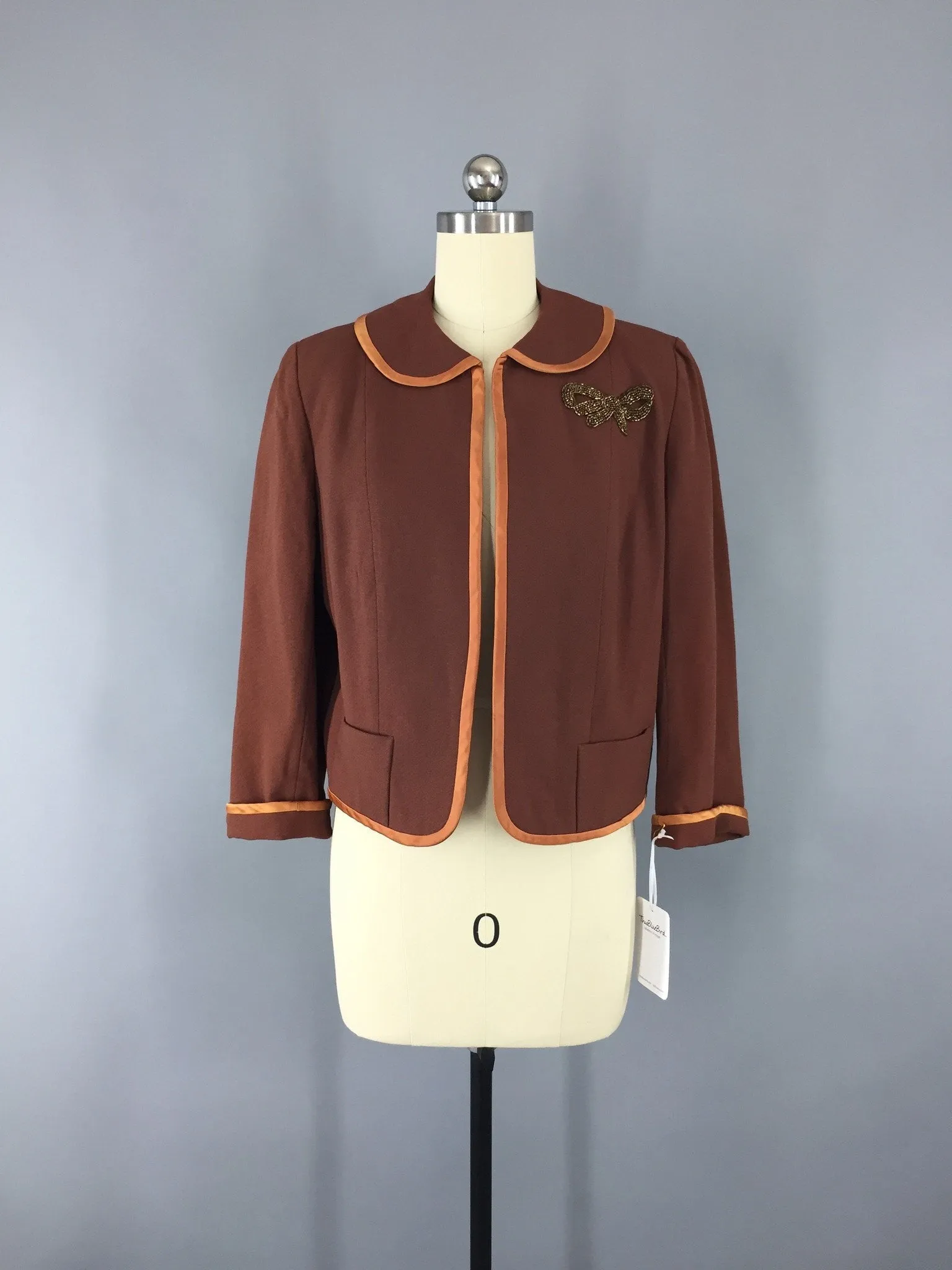 Vintage 1950s Brown Linen Jacket with Beaded Bow Appliqué