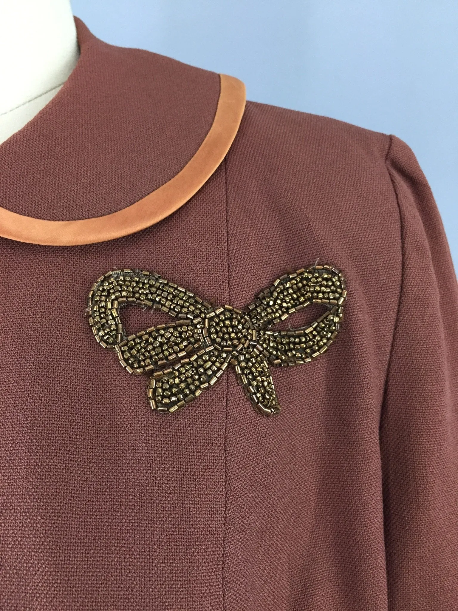 Vintage 1950s Brown Linen Jacket with Beaded Bow Appliqué