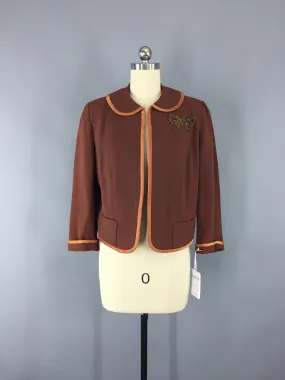 Vintage 1950s Brown Linen Jacket with Beaded Bow Appliqué