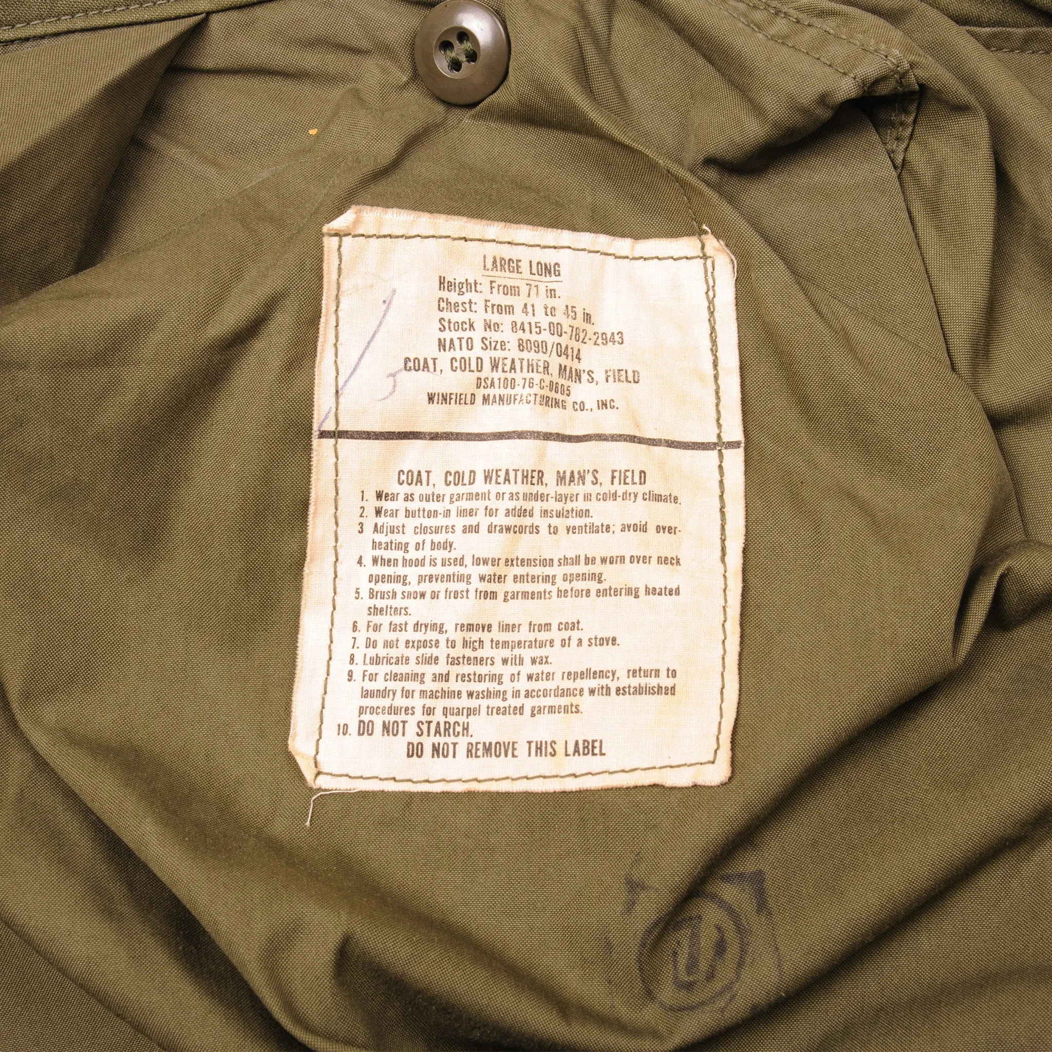 VINTAGE US ARMY M-1965 M65 FIELD JACKET 1976 SIZE LARGE LONG