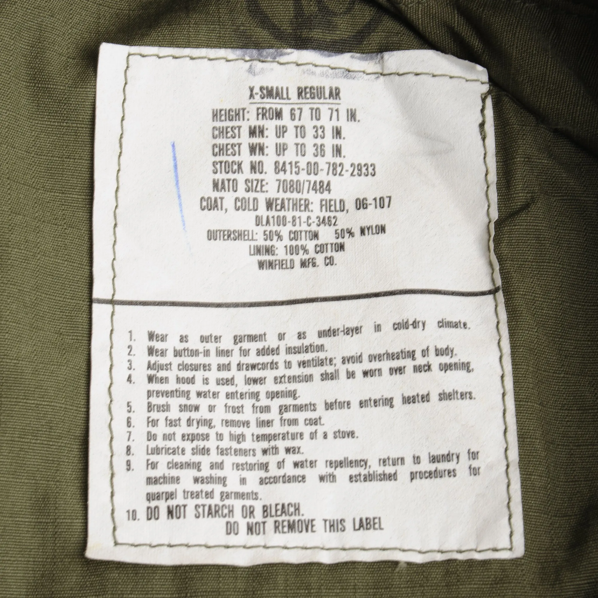 VINTAGE US ARMY M-1965 M65 FIELD JACKET 1981 SIZE XS XSMALL REGULAR