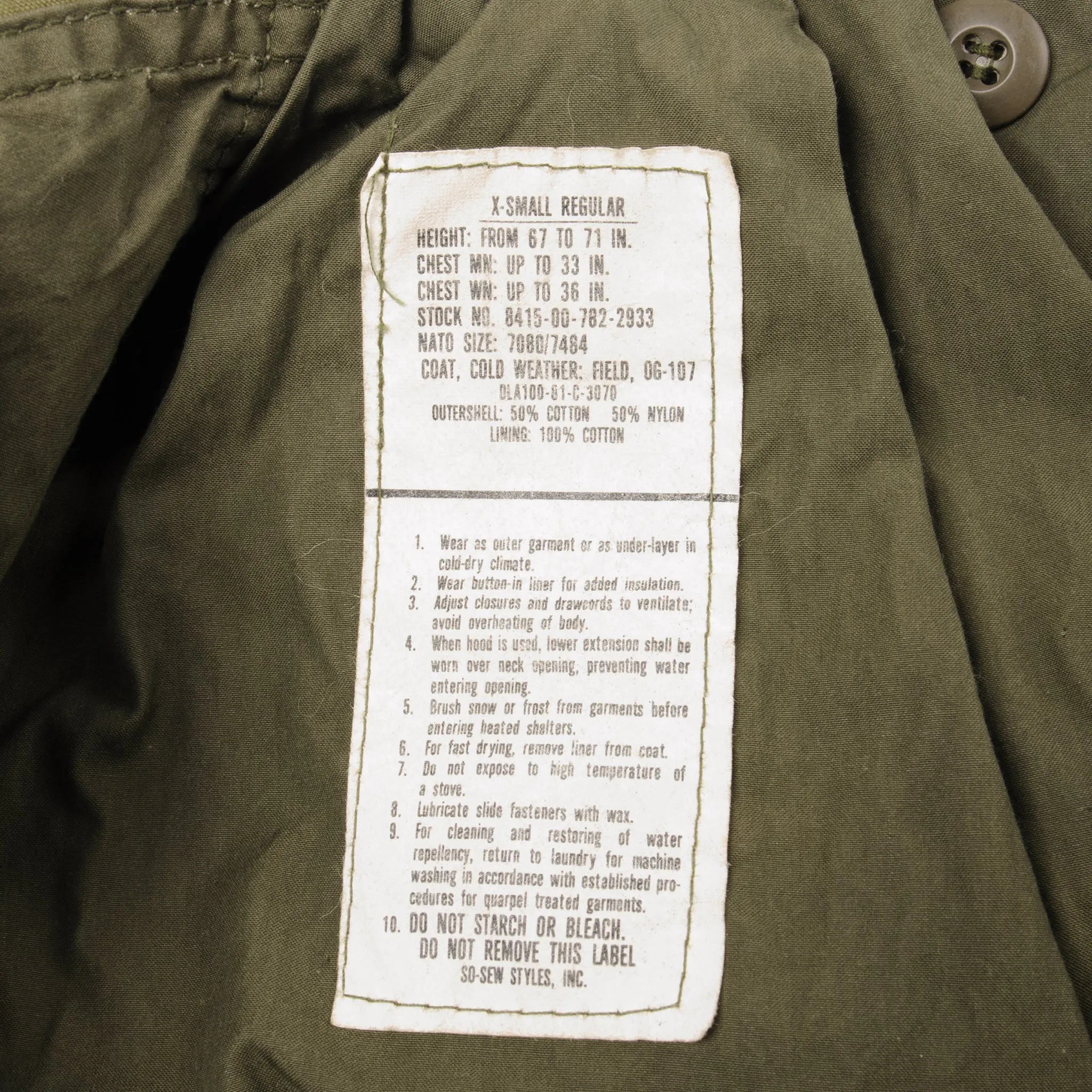 VINTAGE US ARMY M-1965 M65 FIELD JACKET 1981 SIZE XS XSMALL