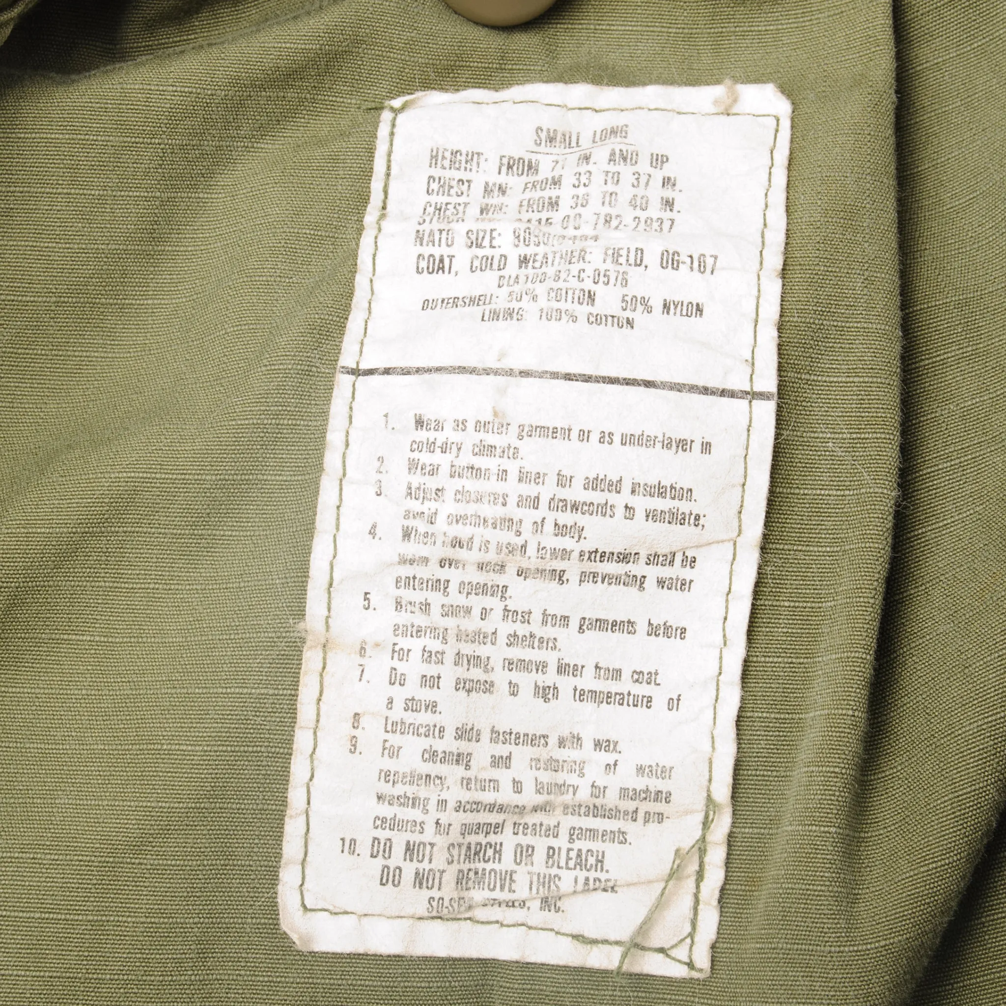 VINTAGE US ARMY M-1965 M65 FIELD JACKET 1982 SIZE SMALL LONG
