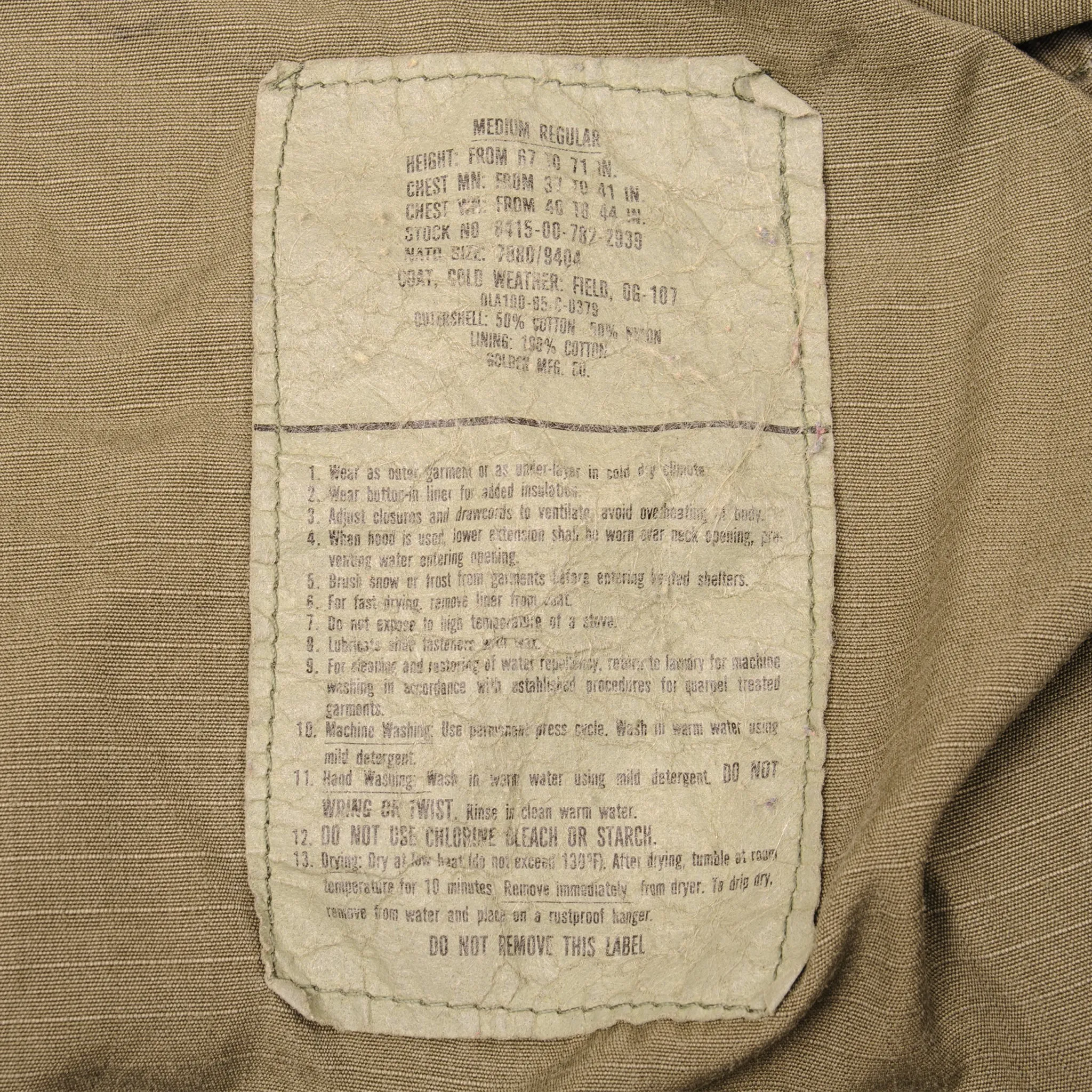 VINTAGE US ARMY M-1965 M65 FIELD JACKET 1985 SIZE MEDIUM REGULAR WITH LINER