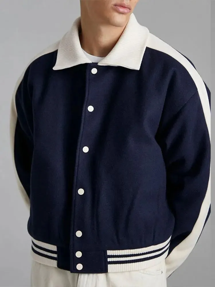 Wiaofellas  -  Autumn Winter New Single Breasted Men's Baseball Jacket Trendy American Style Lapel Contrast Casual Loose Male Coat