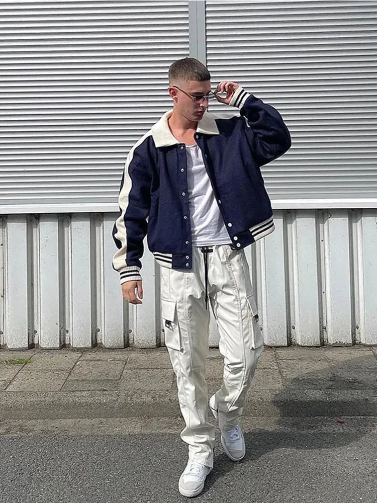 Wiaofellas  -  Autumn Winter New Single Breasted Men's Baseball Jacket Trendy American Style Lapel Contrast Casual Loose Male Coat