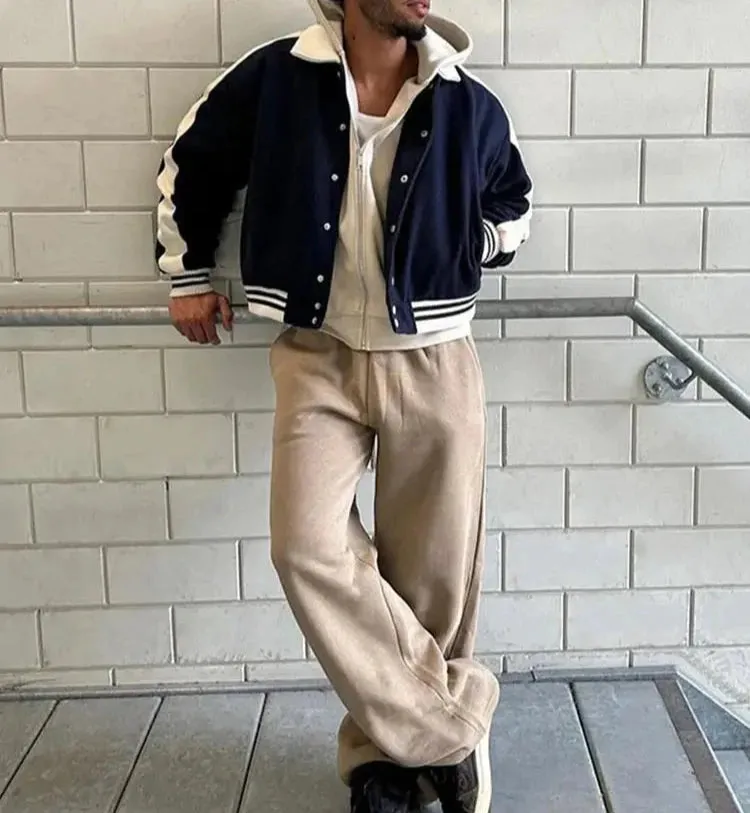 Wiaofellas  -  Autumn Winter New Single Breasted Men's Baseball Jacket Trendy American Style Lapel Contrast Casual Loose Male Coat