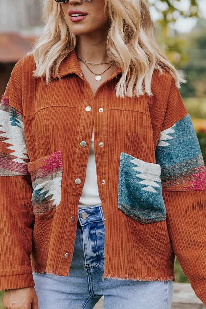 Winter Outfits Brown Open Button Aztec Patchwork Corduroy Jackets