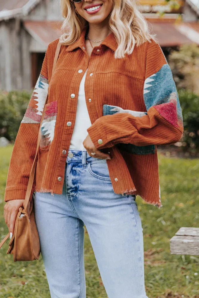 Winter Outfits Brown Open Button Aztec Patchwork Corduroy Jackets