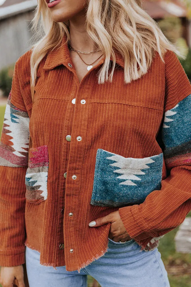 Winter Outfits Brown Open Button Aztec Patchwork Corduroy Jackets